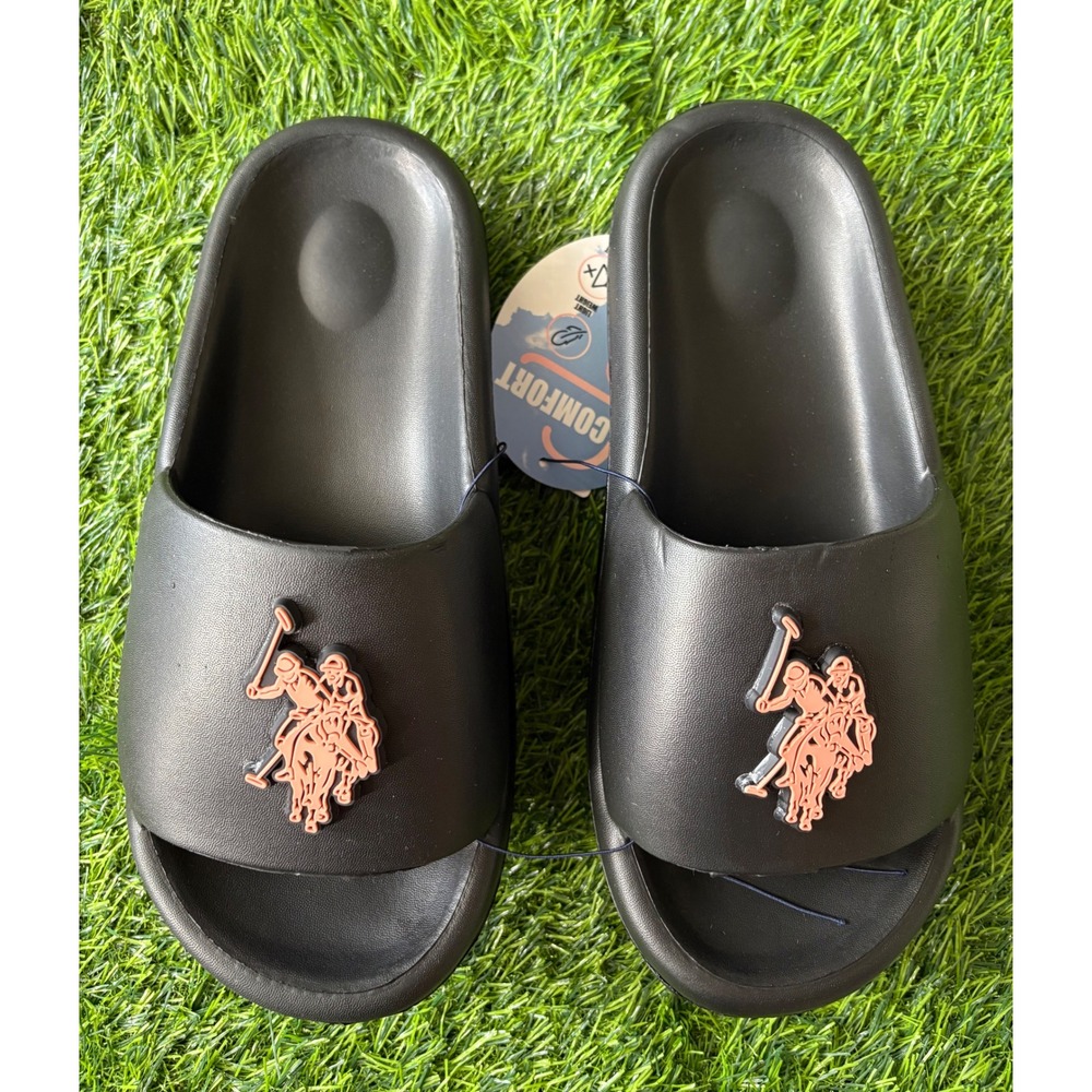 US Polo Assn Mens Comfort Slides Black Rose Gold Logo Sandals Size M 7-8 NEW